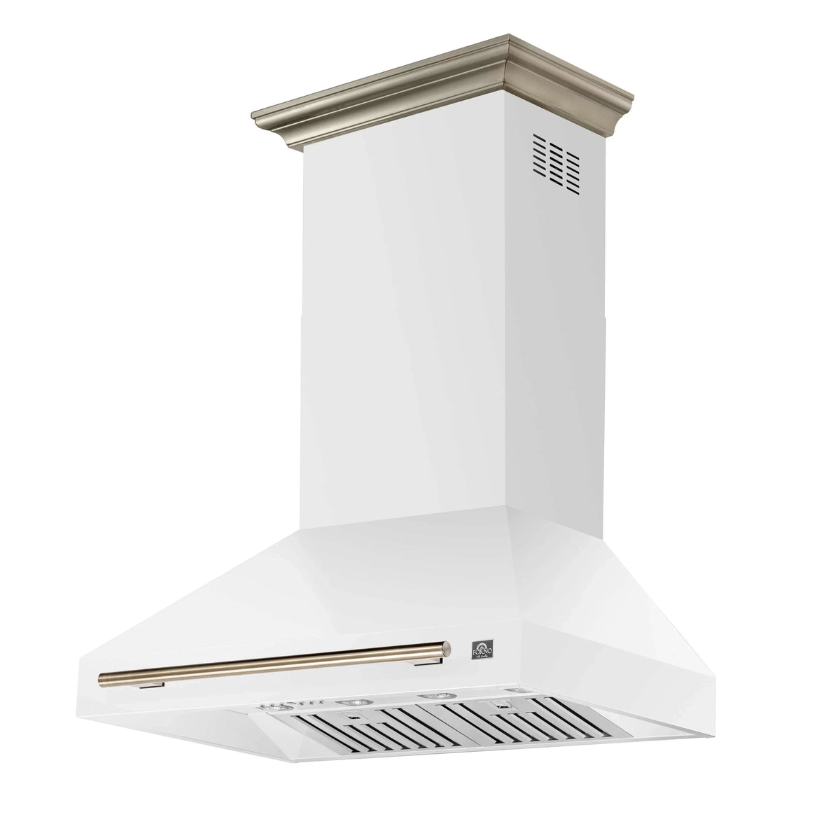 Forno 5-Piece Appliance Package - 36-Inch Electric Range, Wall Mount Range Hood, 36-Inch Refrigerator, Dishwasher, and 30-Inch Microwave Drawer in White with Antique Brass Trim