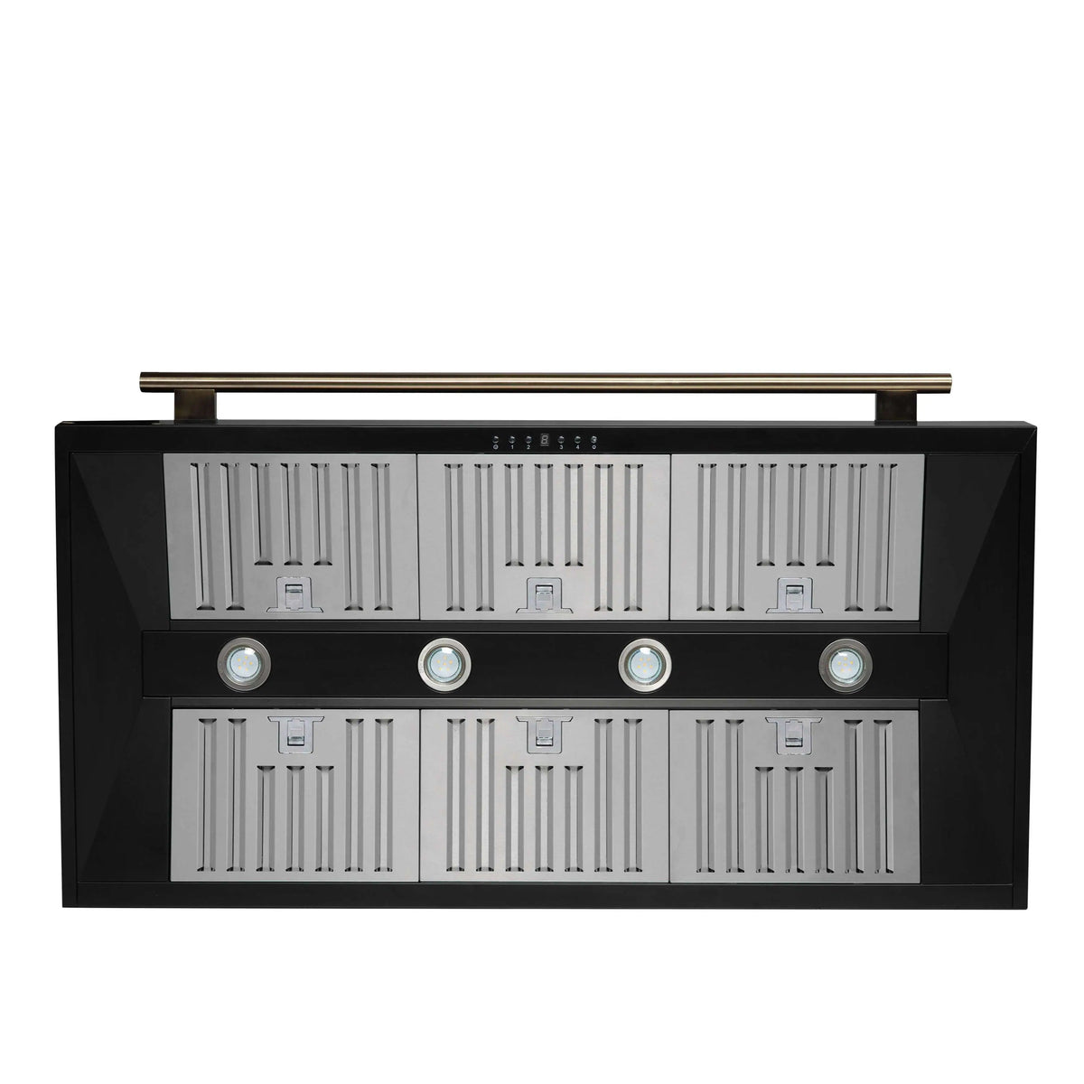 Forno 5-Piece Appliance Package - 48-inch Gas Range, Hood, Refrigerator, Dishwasher and 24-Inch Microwave Oven in Black with Antique Brass Trim