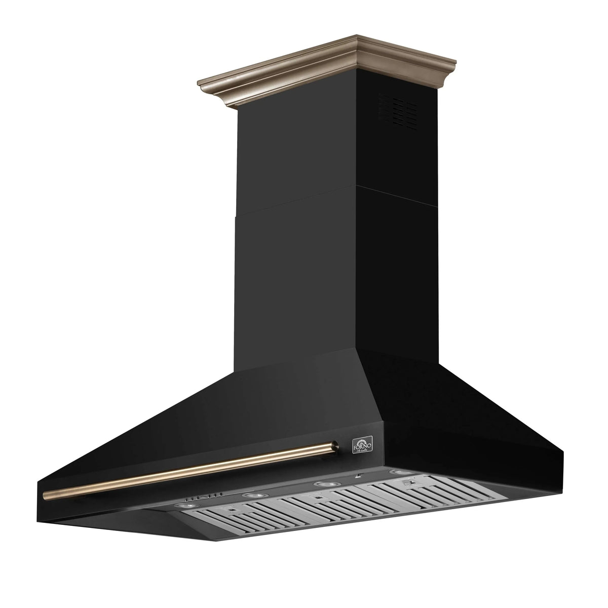 Forno 5-Piece Appliance Package - 48-Inch Dual Fuel Range, Wall Mount Range Hood, 60-Inch Refrigerator, Dishwasher, and 30-Inch Microwave Drawer in Black with Antique Brass Trim
