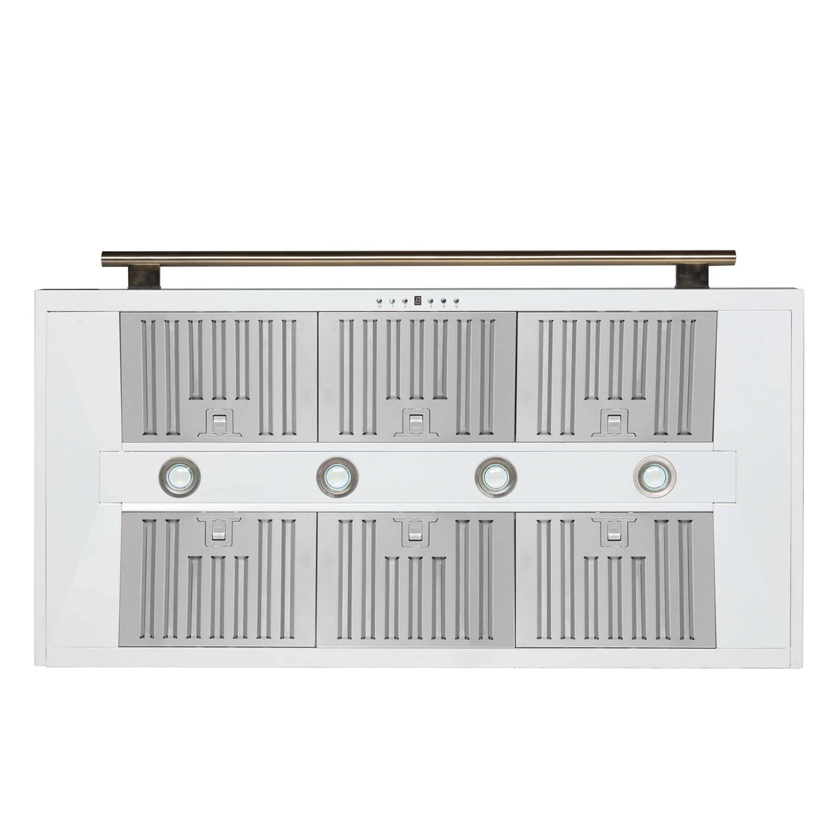 Forno 4-Piece Appliance Package - 48-Inch Electric Range, Wall Mount Range Hood, 36-Inch Refrigerator, and Dishwasher in White with Antique Brass Trim