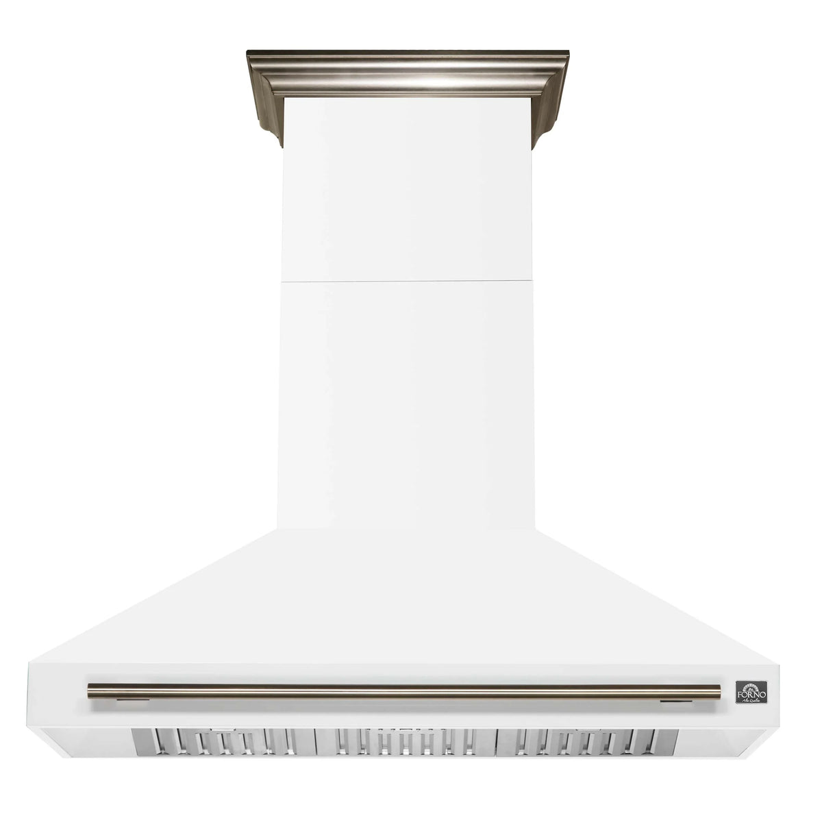 Forno 4-Piece Appliance Package - 48-Inch Electric Range, Wall Mount Range Hood, 36-Inch Refrigerator, and Dishwasher in White with Antique Brass Trim