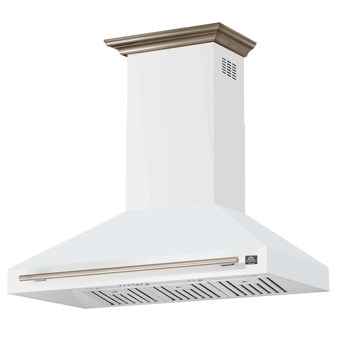 Forno 4-Piece Appliance Package - 48-Inch Electric Range, Wall Mount Range Hood, 36-Inch Refrigerator, and Dishwasher in White with Antique Brass Trim