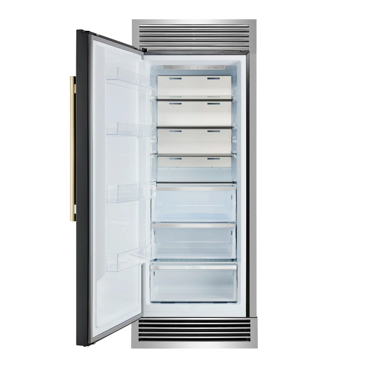 Forno Maderno 28-Inch Built-In Convertible Refrigerator in Black with Decorative Trim Grille, Antique Brass Handles, 13.6 cu.ft., Left Swing (FFFFD1722-32LSG-BLK)