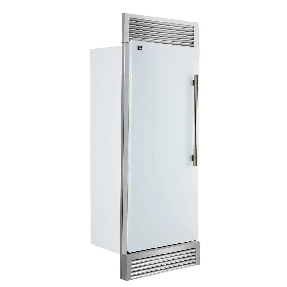 Forno Maderno 28-Inch Built-In 13.6 Cu.Ft. Convertible Refrigerator in White with Antique Brass Handle, Left Swing with Decorative Grille (FFFFD1722-32LSG-WHT)
