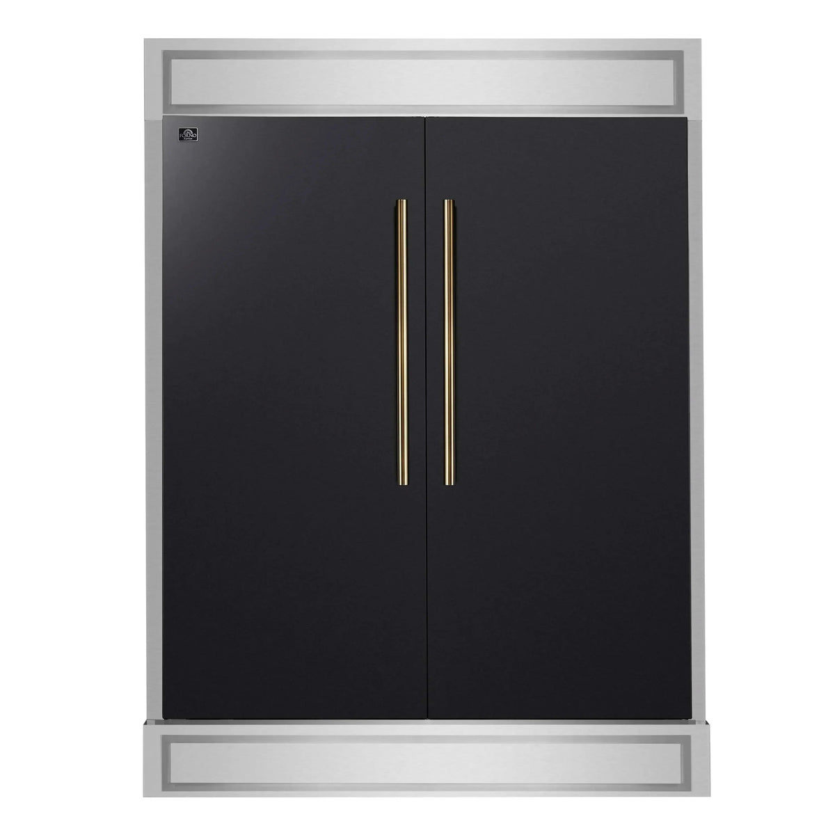 Forno 5-Piece Appliance Package - 48-Inch Dual Fuel Range, 60-Inch Convertible Refrigerator with Modern Trim, Dishwasher, and 24-Inch Microwave Oven in Black with Antique Brass Trim
