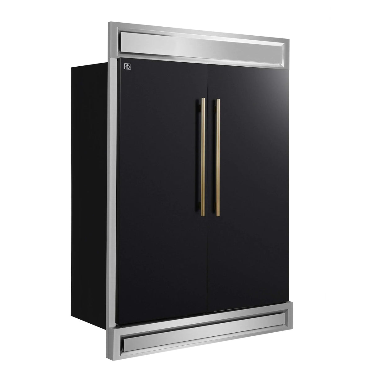 Forno 5-Piece Appliance Package - 48-Inch Electric Range, Wall Mount Range Hood, 60-Inch Refrigerator, Dishwasher, and 24-Inch Microwave Drawer in Black with Antique Brass Trim