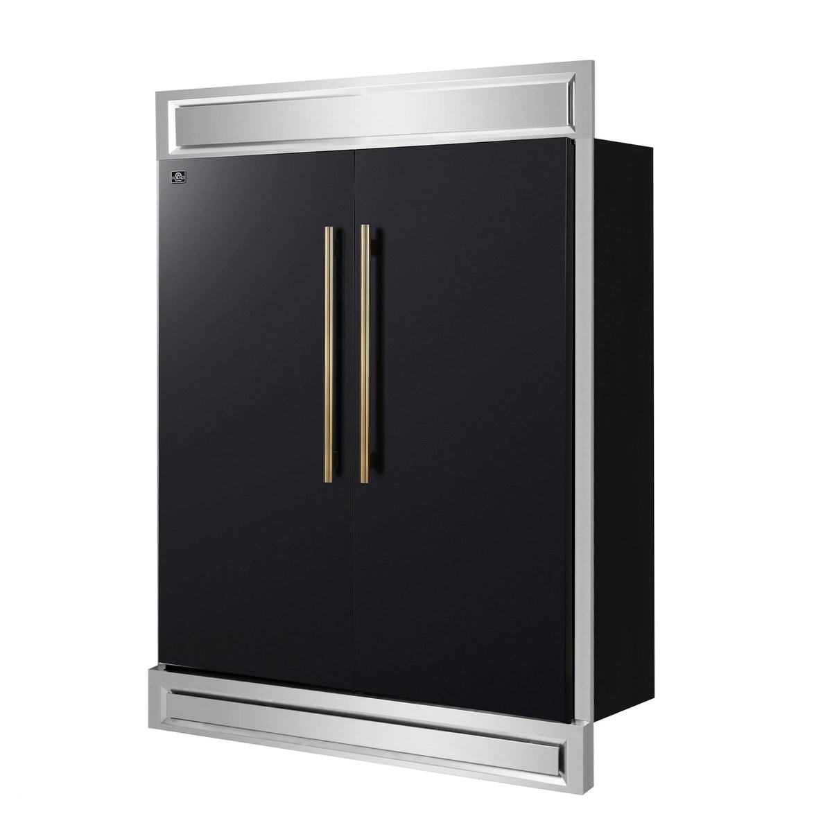 Forno 3-Piece Appliance Package - 48-Inch Gas Range, 60-Inch Convertible Refrigerator with Modern Trim, and Dishwasher in Black with Antique Brass Trim