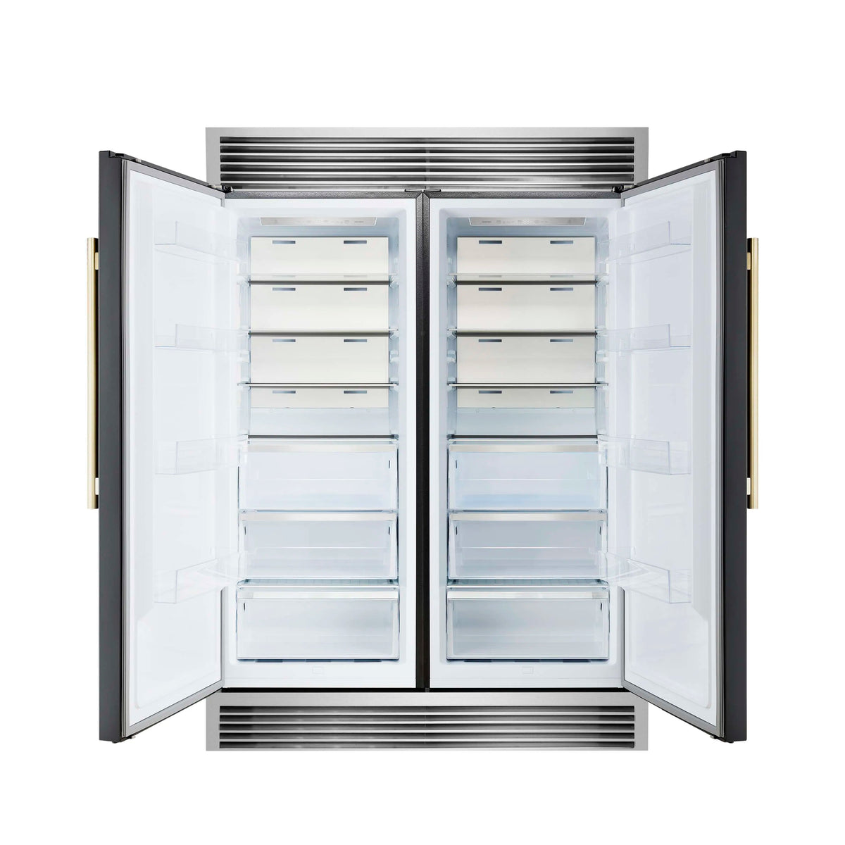 Forno 4-Piece Appliance Package - 48-Inch Gas Range, 60-Inch Convertible Refrigerator with Modern Grille Trim, Dishwasher, and 30-Inch Microwave Drawer in Black with Antique Brass Trim