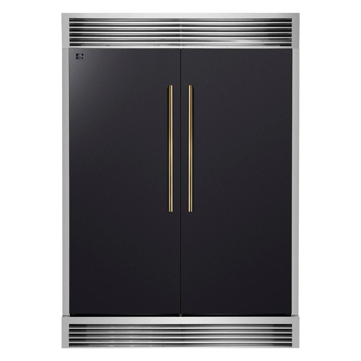 Forno 4-Piece Appliance Package - 48-Inch Gas Range, 60-Inch Convertible Refrigerator with Modern Grille Trim, Dishwasher, and 30-Inch Microwave Drawer in Black with Antique Brass Trim