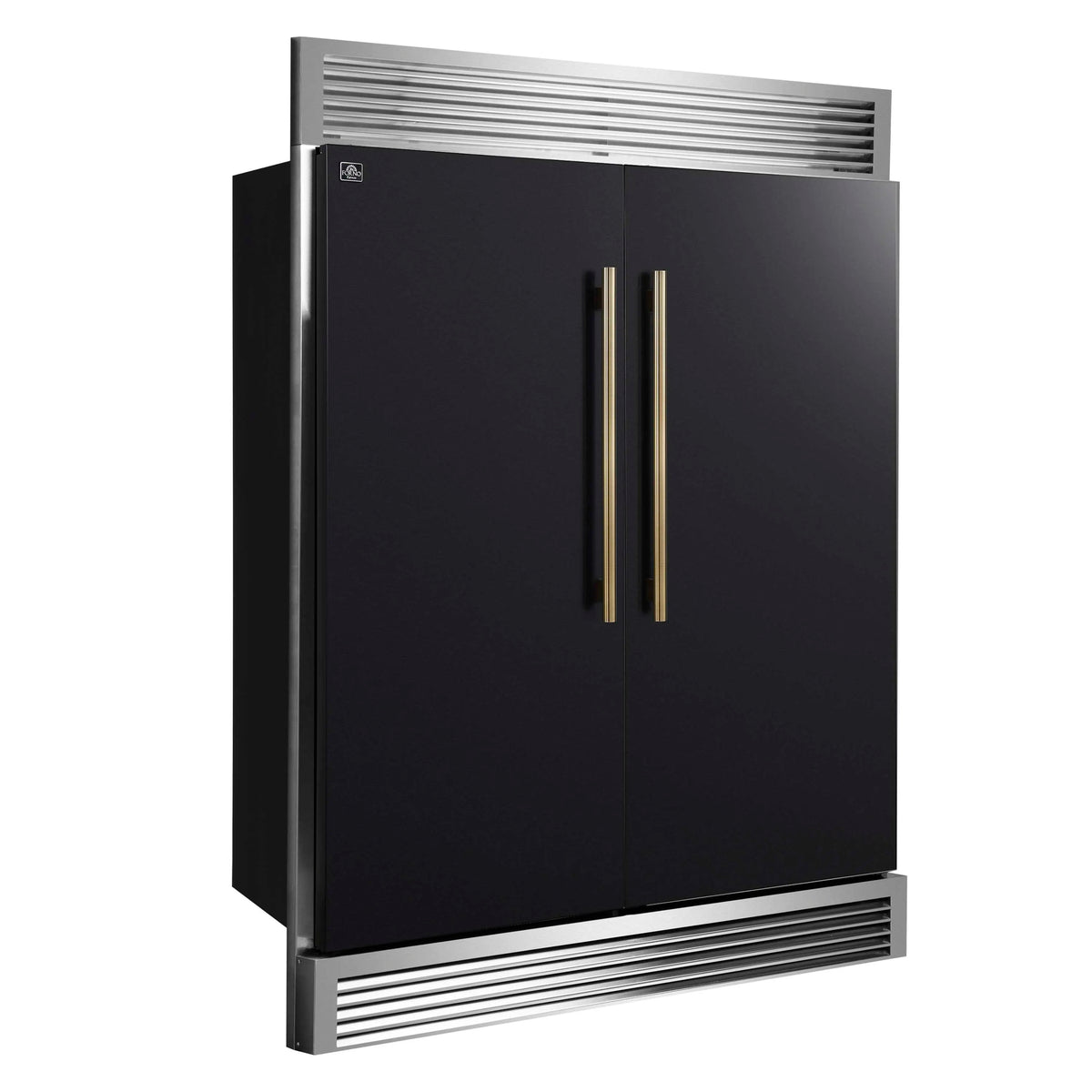 Forno 3-Piece Appliance Package - 48-Inch Dual Fuel Range, 60-Inch Convertible Refrigerator with Modern Grille Trim, and Dishwasher in Black with Antique Brass Trim