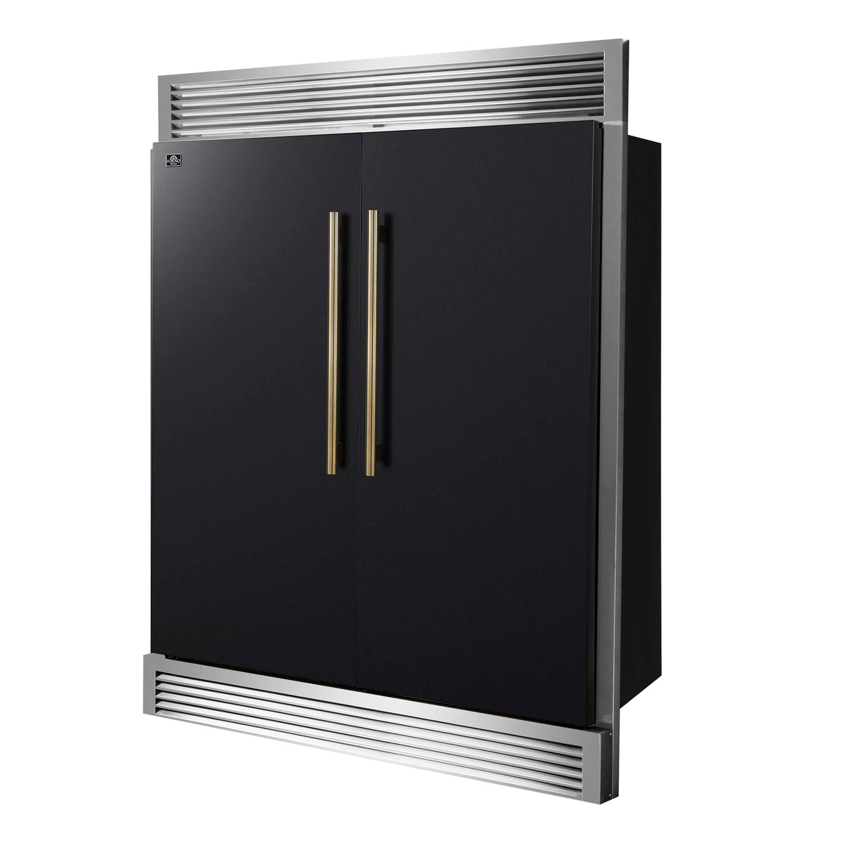 Forno 4-Piece Appliance Package - 36-Inch Gas Range, Wall Mount Range Hood, 60-Inch Convertible Refrigerator with Modern Grille Trim, and Dishwasher in Black with Antique Brass Trim