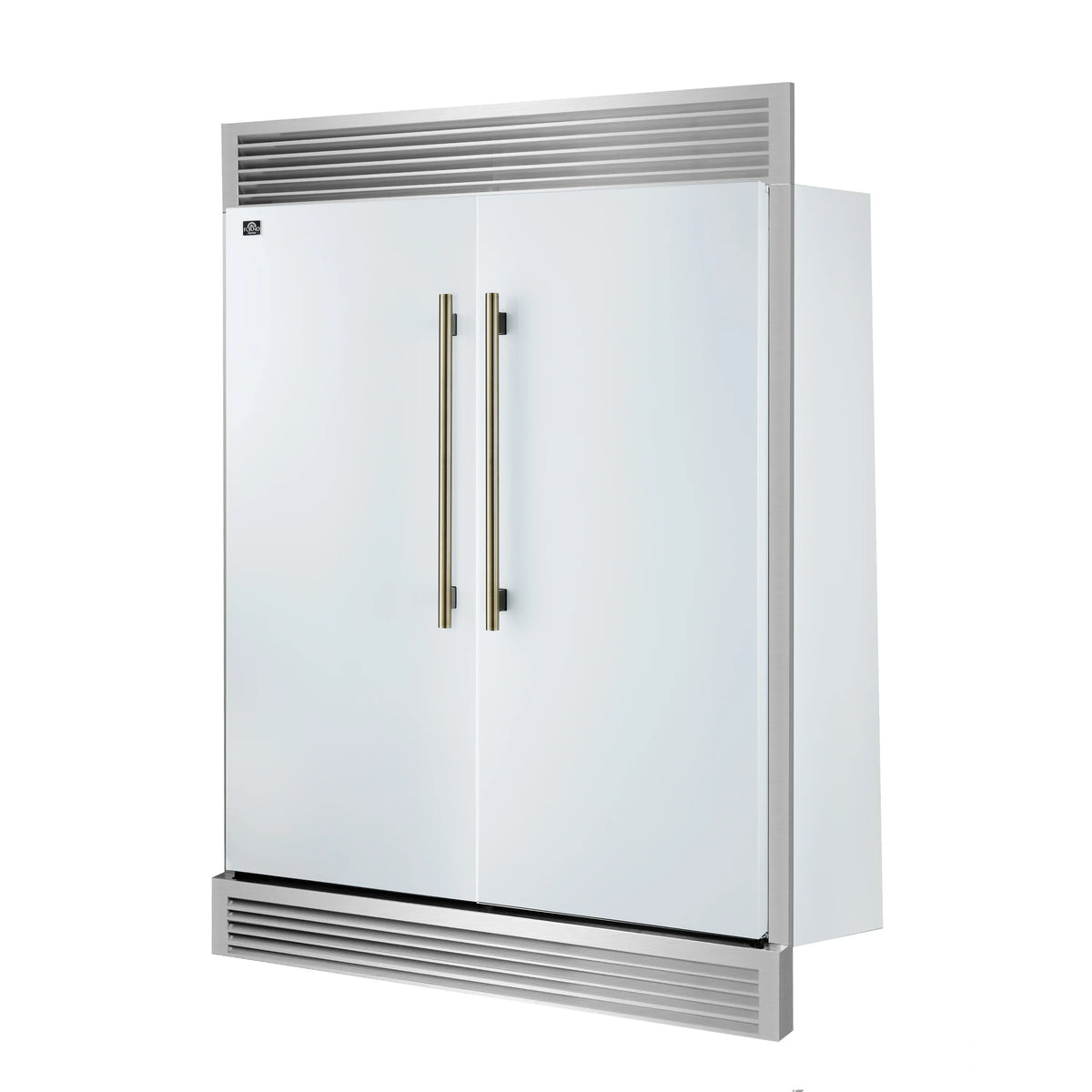 Forno 4-Piece Appliance Package - 36-Inch Antico Dual Fuel Range, Wall Mount Range Hood, 60-Inch Refrigerator, Dishwasher in White with Antique Brass Trim