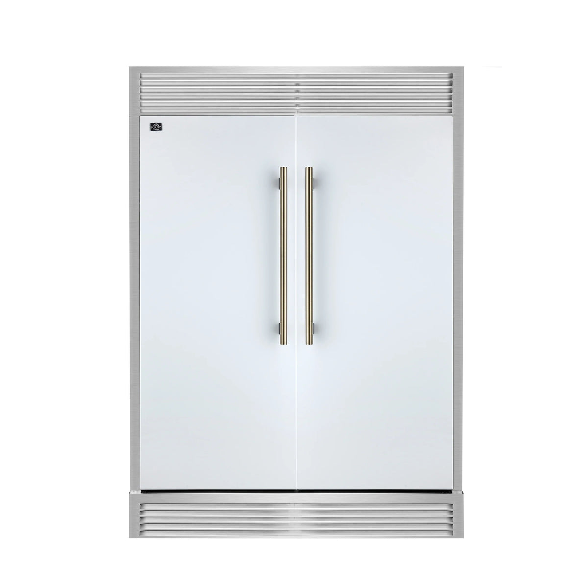 Forno 4-Piece Appliance Package - 48-Inch Galiano Gas Range, 60-Inch Refrigerator, Dishwasher, & 24-Inch Microwave Drawer in White with Antique Brass Trim