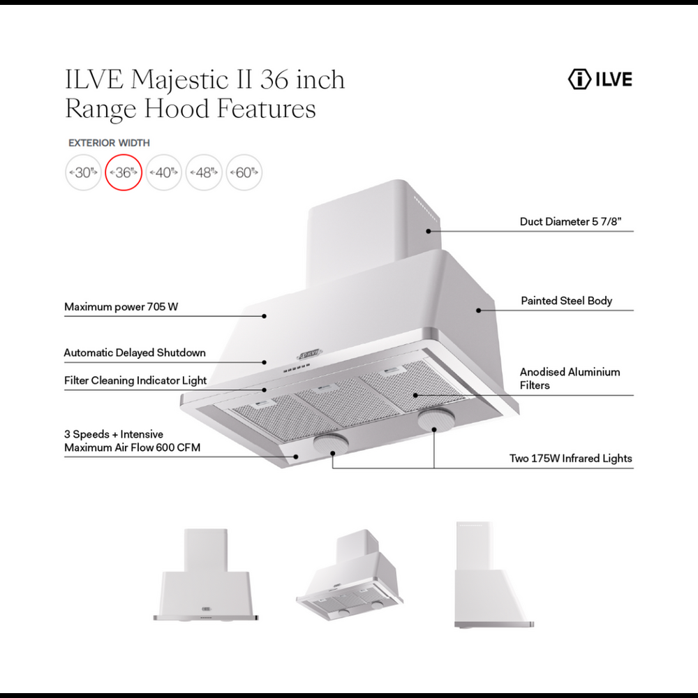 ILVE Majestic 36-Inch Wall-Mount Range Hood, 600 CFM, RAL (UAM90RA)