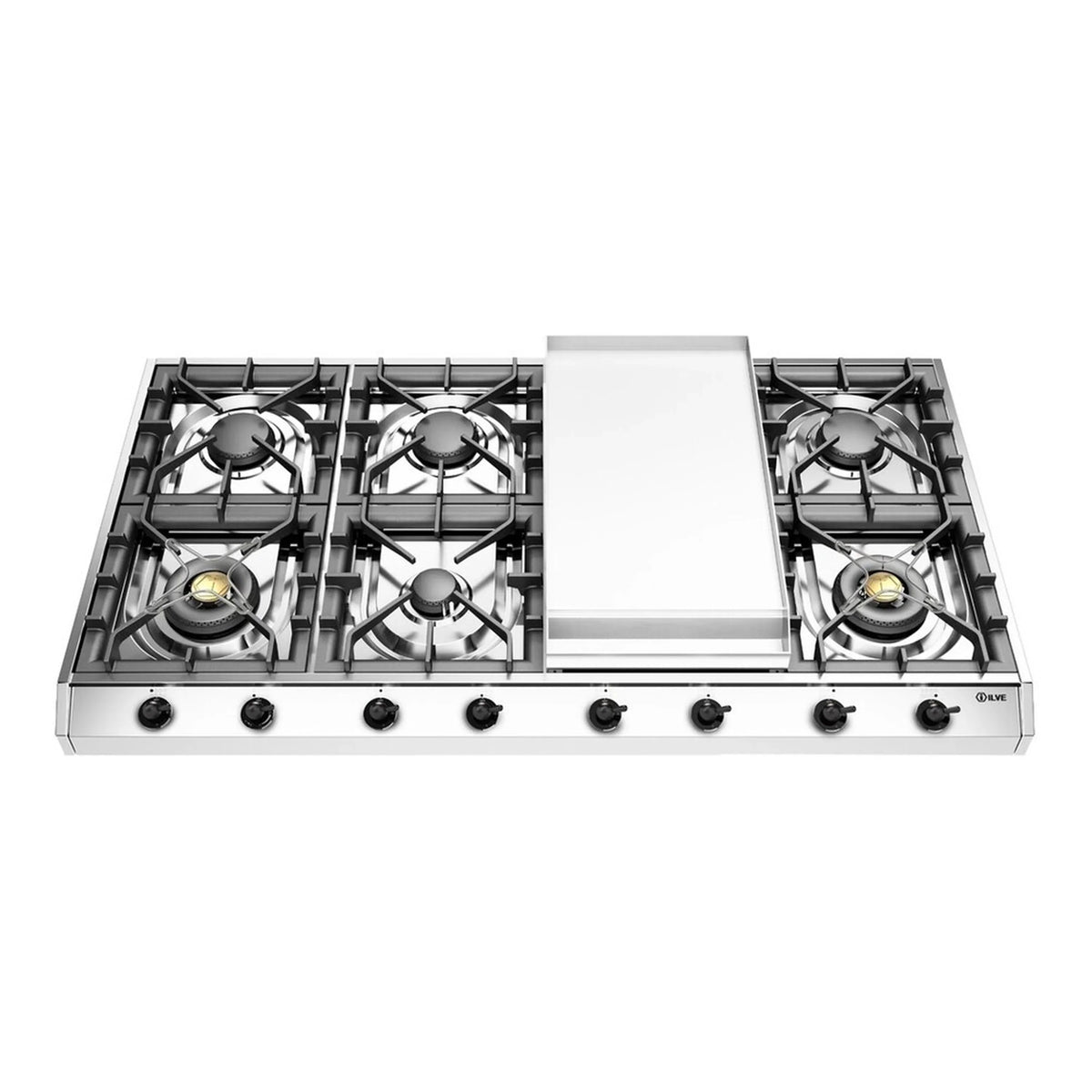 ILVE Nostalgie II 48-Inch Built-In Natural Gas Cooktop, 8 Burners, Griddle, Stainless Steel (UHCP1265FNSSB)
