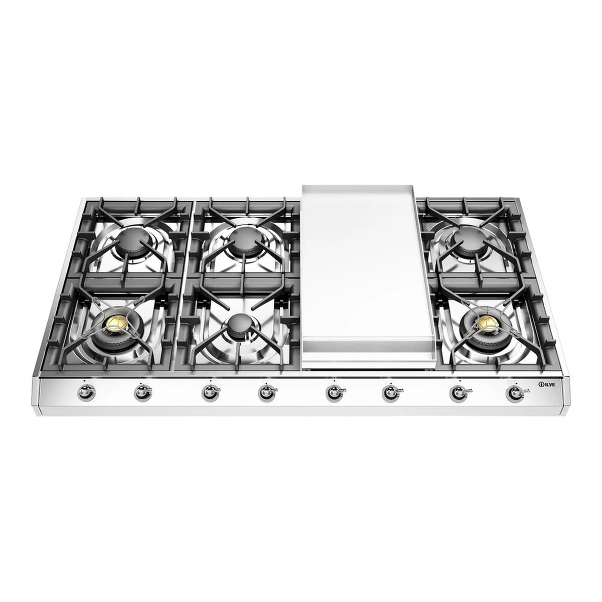 ILVE Nostalgie II 48-Inch Built-In Propane Cooktop, 8 Burners, Griddle, Stainless Steel (UHCP1265FNSSCLP)