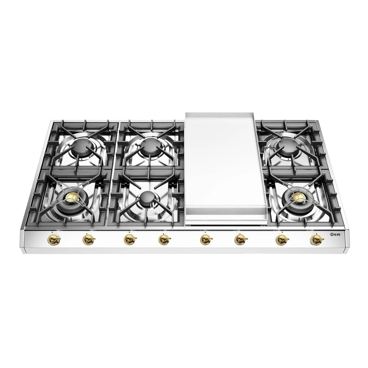 ILVE Nostalgie II 48-Inch Built-In Natural Gas Cooktop, 8 Burners, Griddle, Stainless Steel (UHCP1265FNSSG)