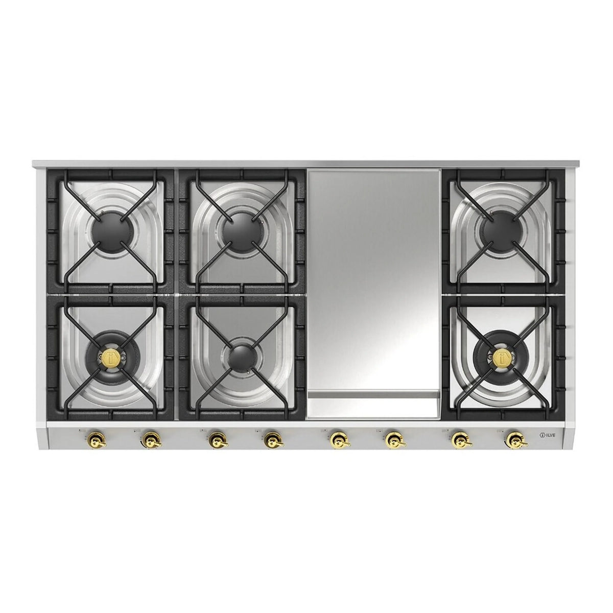 ILVE Nostalgie II 48-Inch Built-In Natural Gas Cooktop, 8 Burners, Griddle, Stainless Steel (UHCP1265FNSSG)