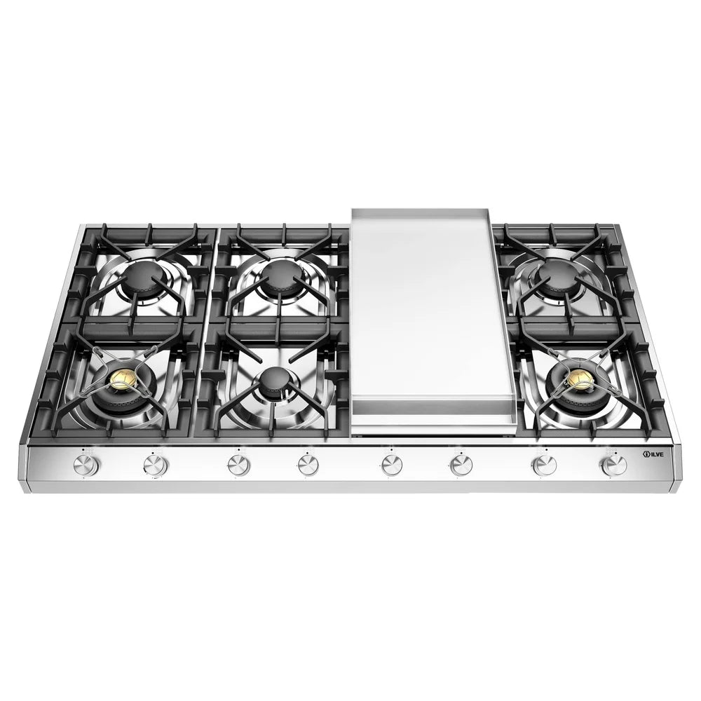 ILVE Professional Plus II 48-Inch Built-In Natural Gas Cooktop with Griddle in Stainless Steel