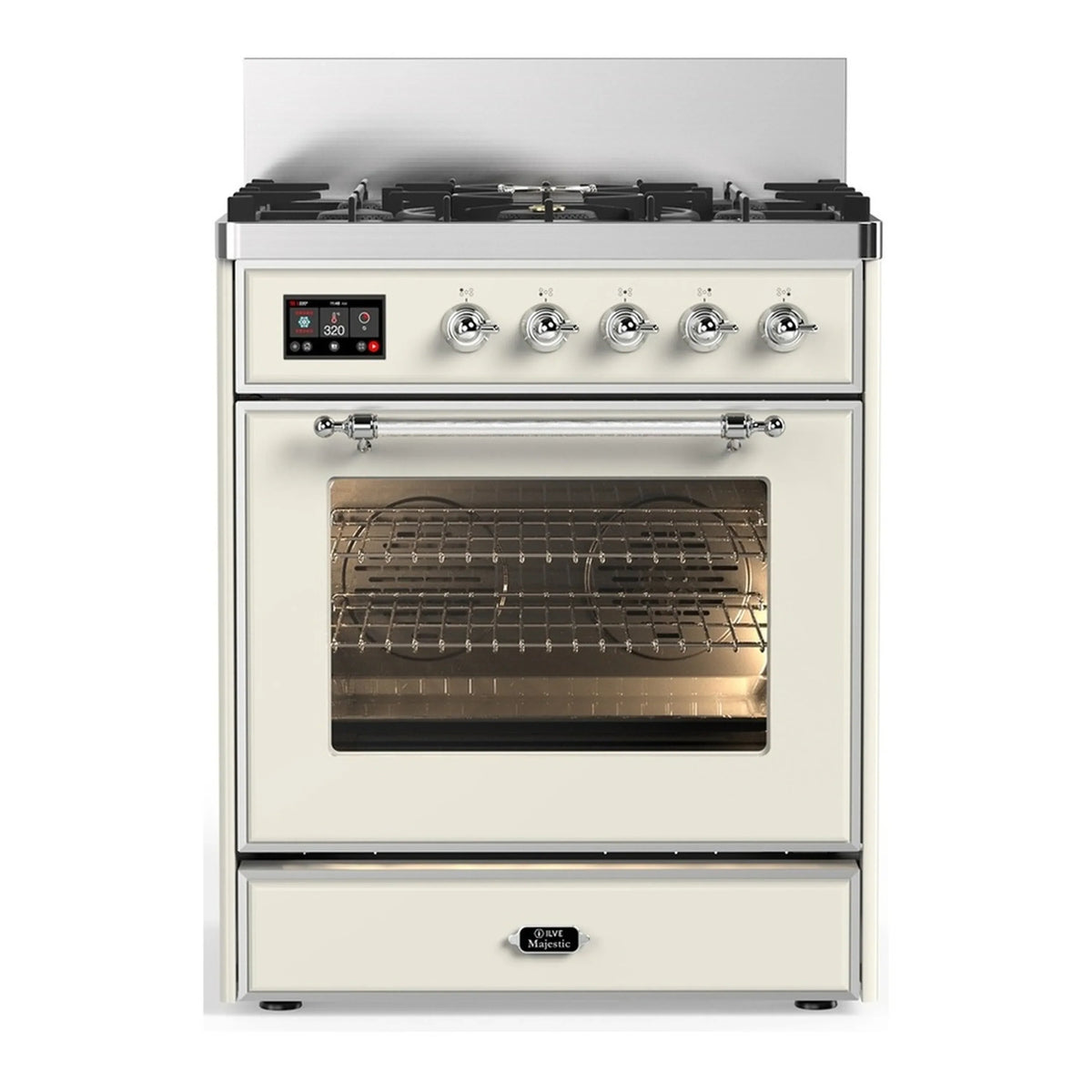 ILVE Majestic III 30-Inch Natural Gas Dual Fuel Range, 5 Burners, Triple Glass Door Oven, Antique White with Chrome Trim (UM30NR3AWC)