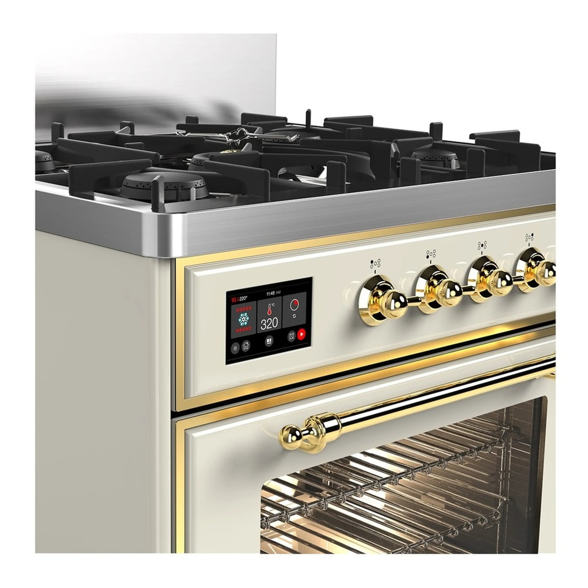 ILVE Majestic III 30-Inch Propane Dual Fuel Range, 5 Burners, Triple Glass Door Oven, Antique White with Brass Trim (UM30NR3AWGLP)