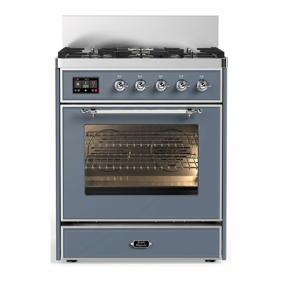 ILVE Majestic III 30-Inch Natural Gas Dual Fuel Range, 5 Burners, Triple Glass Door Oven, Blue Grey with Chrome Trim (UM30NR3BGC)