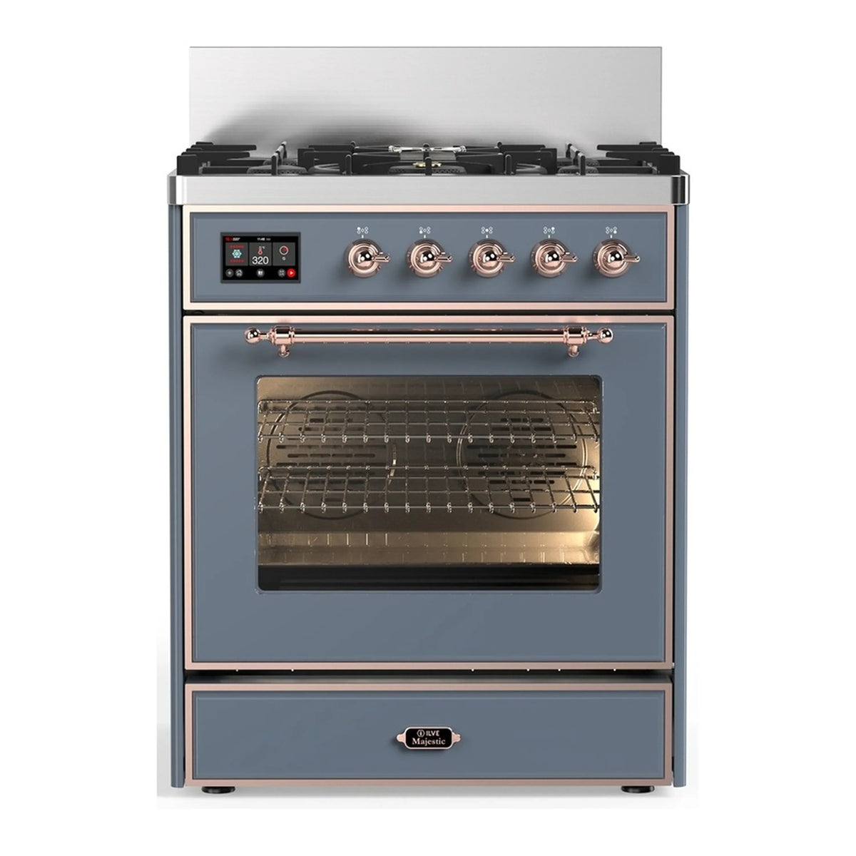 ILVE Majestic III 30-Inch Propane Dual Fuel Range, 5 Burners, Triple Glass Door Oven, Blue Grey with Copper Trim (UM30NR3BGPLP)