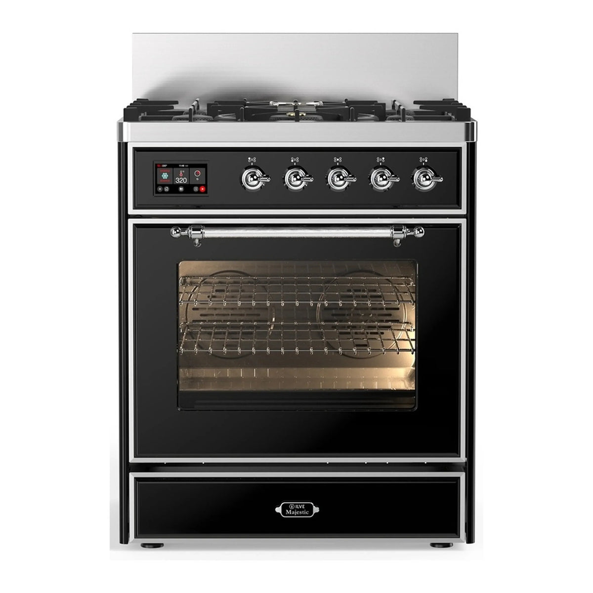 ILVE Majestic III 30-Inch Natural Gas Dual Fuel Range, 5 Burners, Triple Glass Door Oven, Glossy Black with Chrome Trim (UM30NR3BKC)