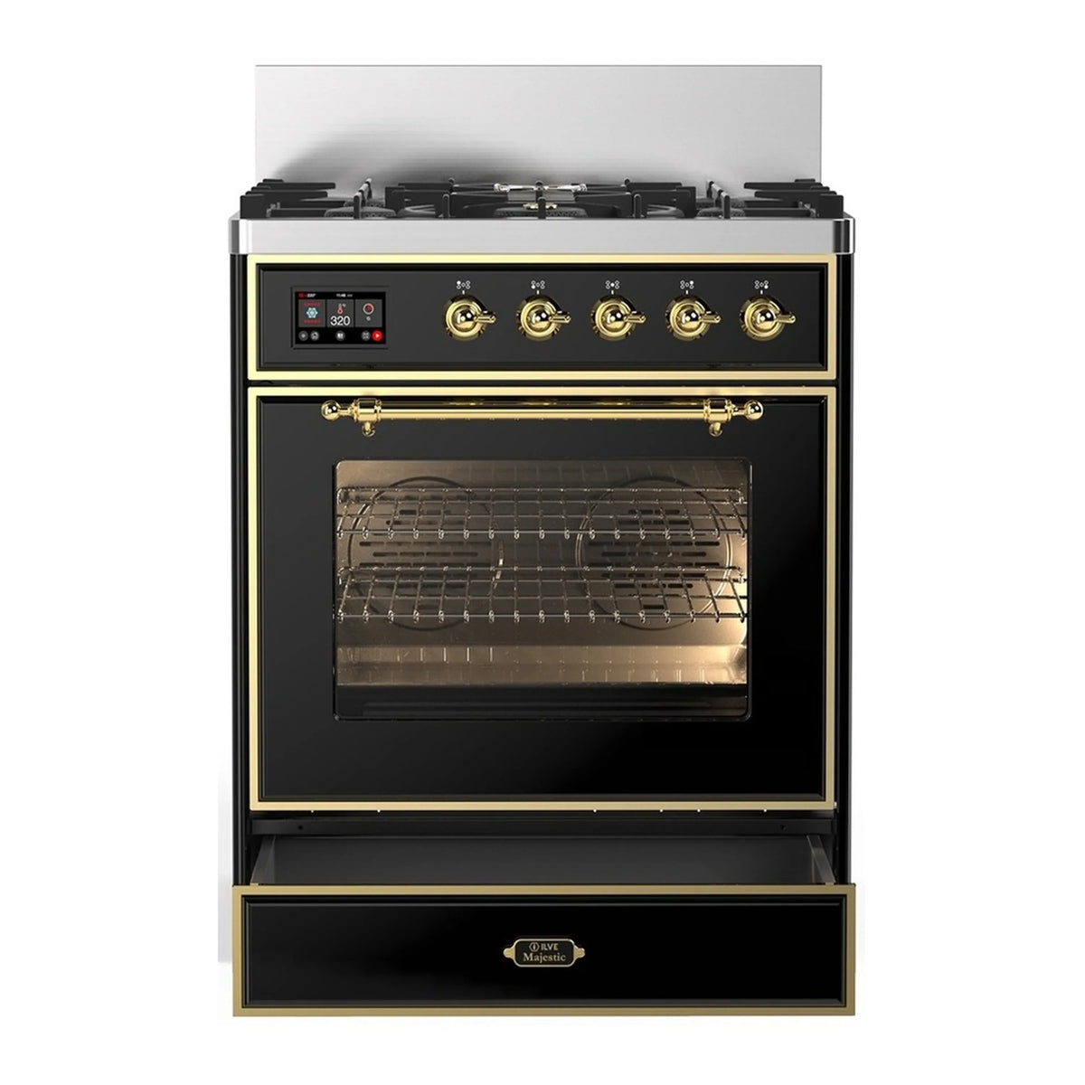 ILVE Majestic III 30-Inch Propane Dual Fuel Range, 5 Burners, Triple Glass Door Oven, Glossy Black with Brass Trim (UM30NR3BKGLP)