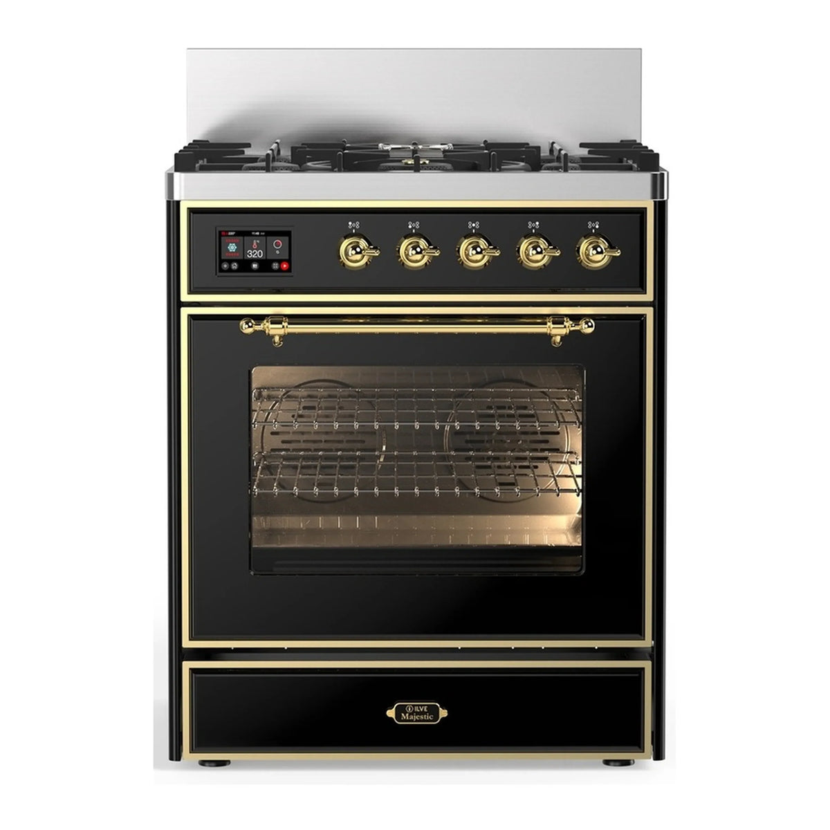 ILVE Majestic III 30-Inch Natural Gas Dual Fuel Range, 5 Burners, Triple Glass Door Oven, Glossy Black with Brass Trim (UM30NR3BKG)
