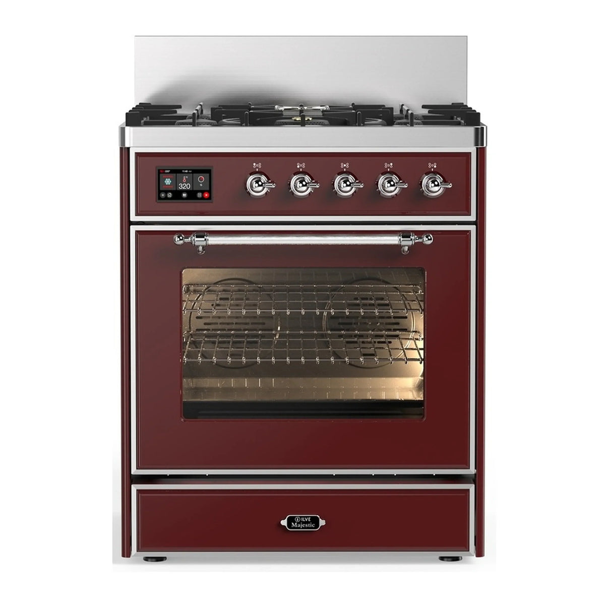 ILVE Majestic III 30-Inch Natural Gas Dual Fuel Range, 5 Burners, Triple Glass Door Oven, Burgundy with Chrome Trim (UM30NR3BUC)