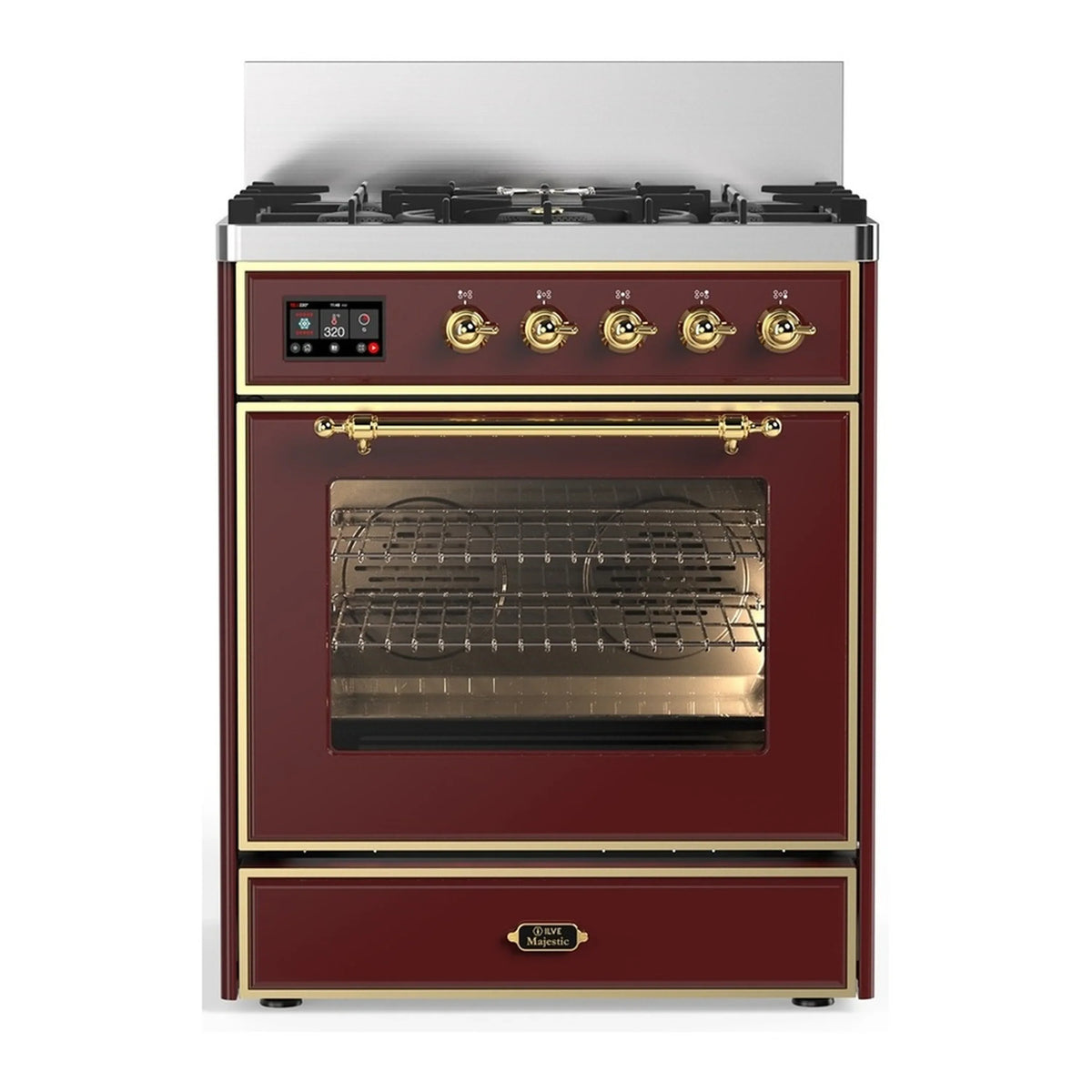 ILVE Majestic III 30-Inch Natural Gas Dual Fuel Range, 5 Burners, Triple Glass Door Oven, Burgundy with Brass Trim (UM30NR3BUG)
