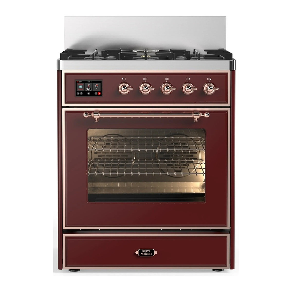 ILVE Majestic III 30-Inch Propane Dual Fuel Range, 5 Burners, Triple Glass Door Oven, Burgundy with Copper Trim (UM30NR3BUPLP)