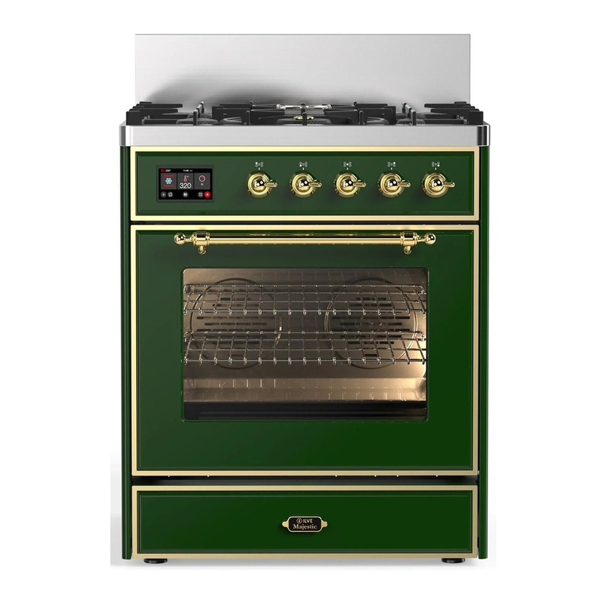 ILVE Majestic III 30-Inch Propane Dual Fuel Range, 5 Burners, Triple Glass Door Oven, Emerald Green with Brass Trim (UM30NR3EGGLP)