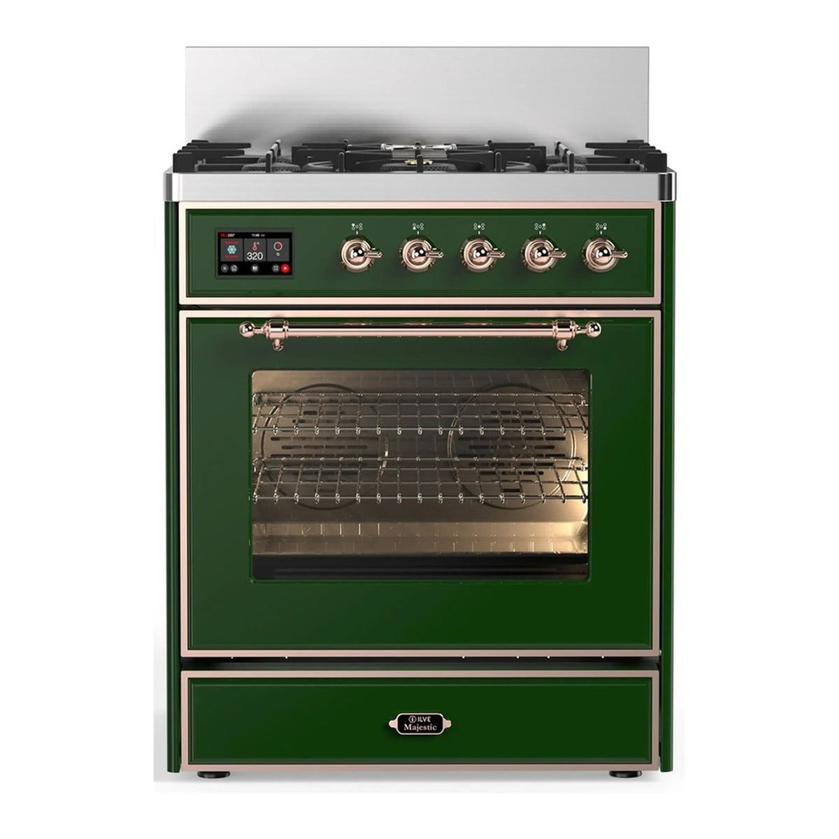 ILVE Majestic III 30-Inch Natural Gas Dual Fuel Range, 5 Burners, Triple Glass Door Oven, Emerald Green with Copper Trim (UM30NR3EGP)