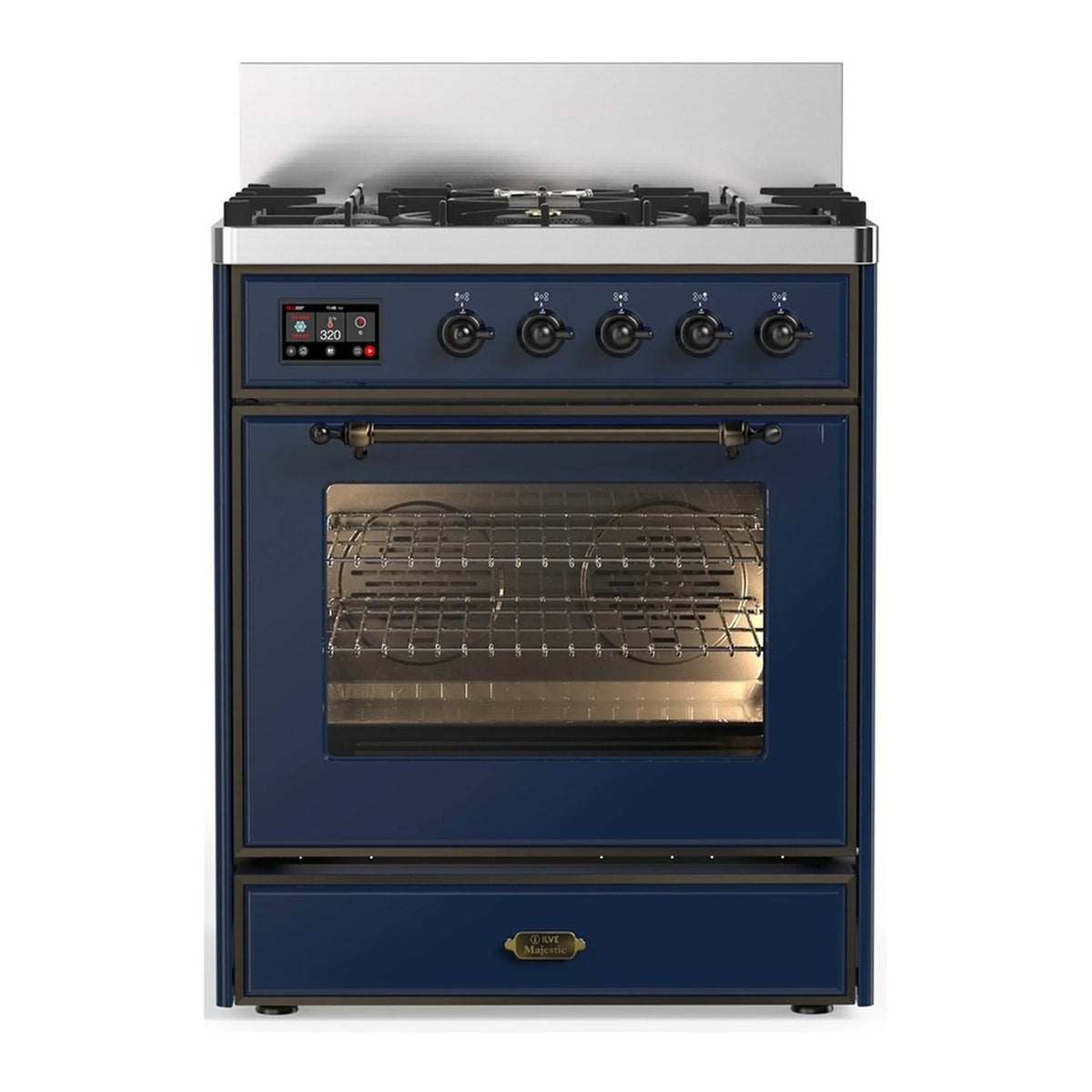 ILVE Majestic III 30-Inch Propane Dual Fuel Range, 5 Burners, Triple Glass Door Oven, Midnight Blue with Burnished Trim (UM30NR3MBBLP)