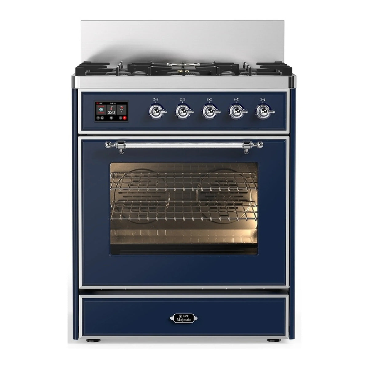 ILVE Majestic III 30-Inch Propane Dual Fuel Range, 5 Burners, Triple Glass Door Oven, Midnight Blue with Chrome Trim (UM30NR3MBCLP)
