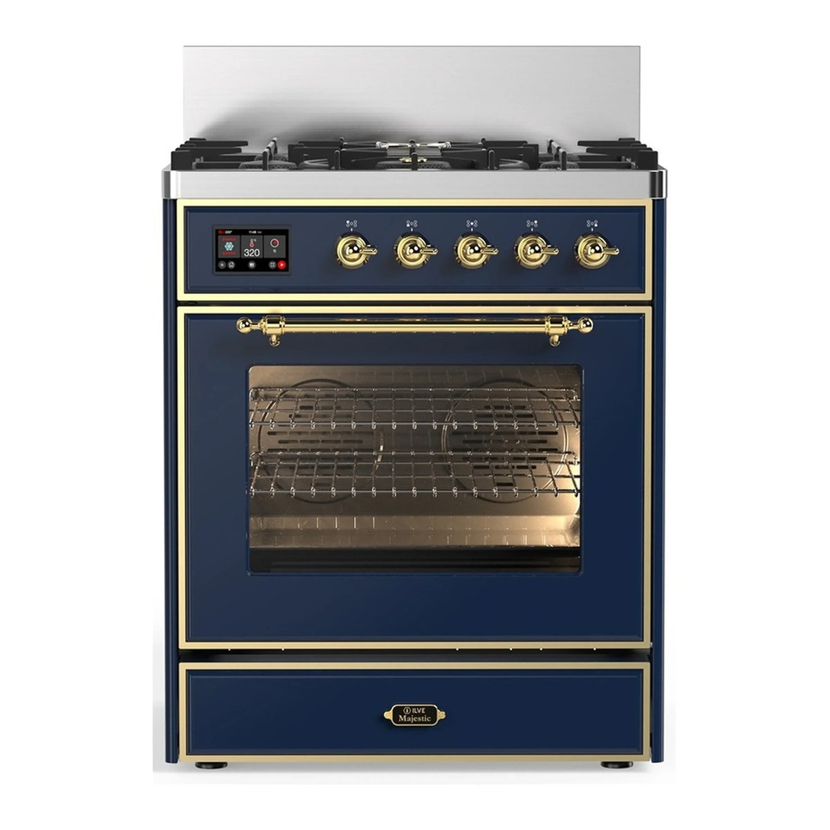 ILVE Majestic III 30-Inch Propane Dual Fuel Range, 5 Burners, Triple Glass Door Oven, Midnight Blue with Brass Trim (UM30NR3MBGLP)