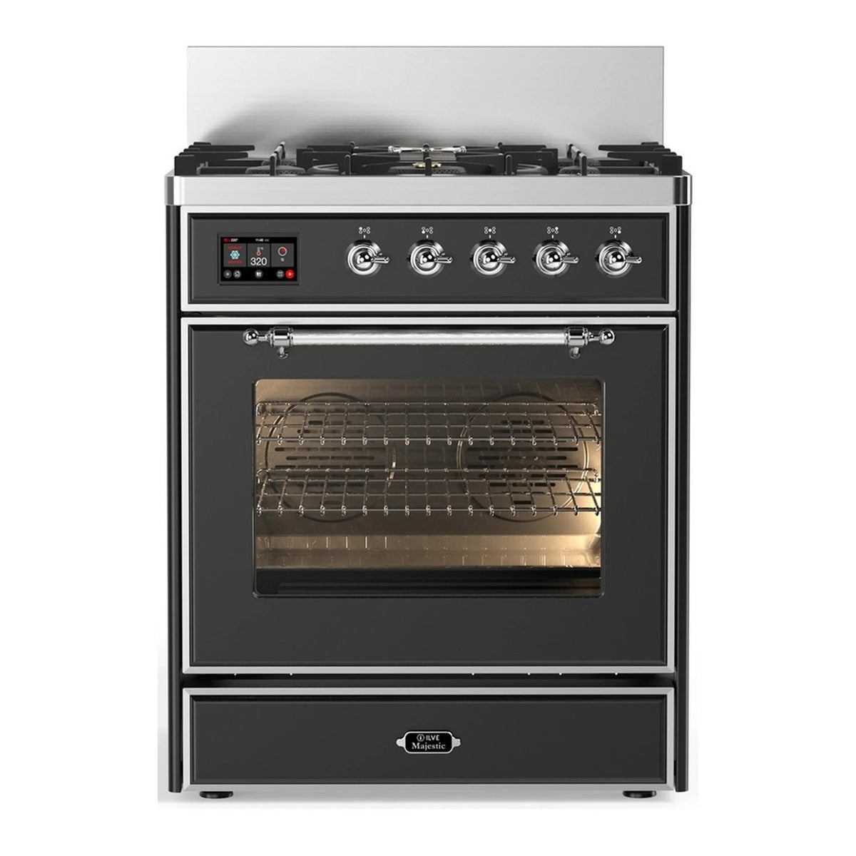 ILVE Majestic III 30-Inch Propane Dual Fuel Range, 5 Burners, Triple Glass Door Oven, Graphite Matte with Chrome Trim (UM30NR3MGCLP)