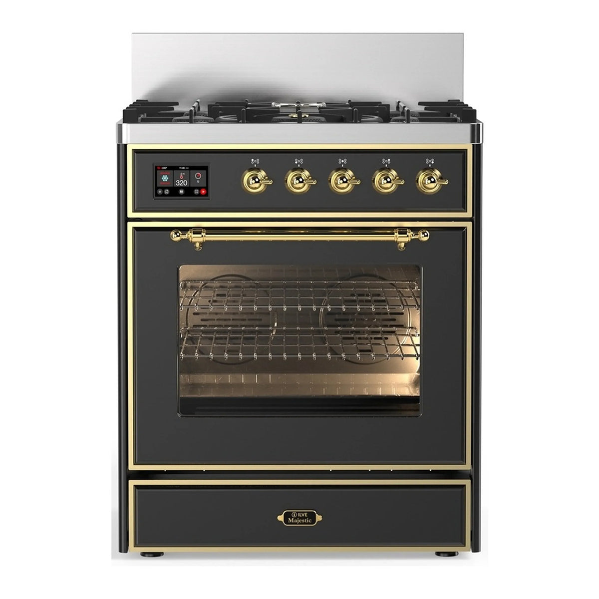ILVE Majestic III 30-Inch Propane Dual Fuel Range, 5 Burners, Triple Glass Door Oven, Graphite Matte with Brass Trim (UM30NR3MGGLP)