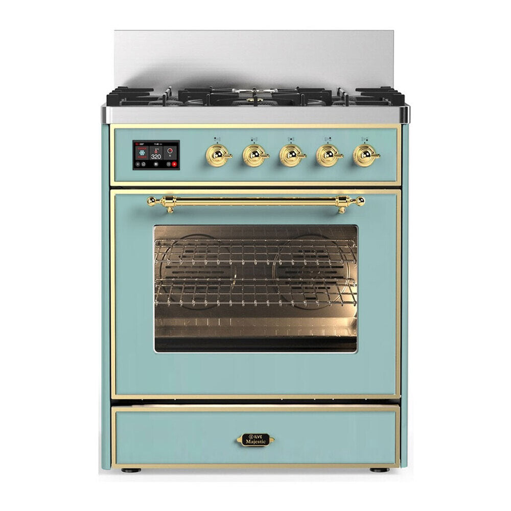 ILVE Majestic III 30-Inch Propane Dual Fuel Range, 5 Burners, Triple Glass Door Oven, Mediterranean Mint with Brass Trim (UM30NR3MMGLP)