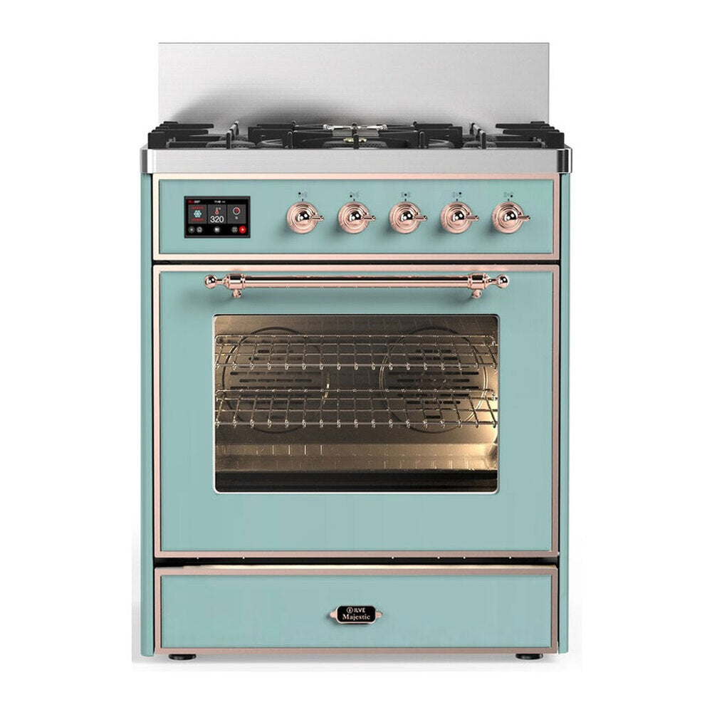 ILVE Majestic III 30-Inch Propane Dual Fuel Range, 5 Burners, Triple Glass Door Oven, Mediterranean Mint with Copper Trim (UM30NR3MMPLP)