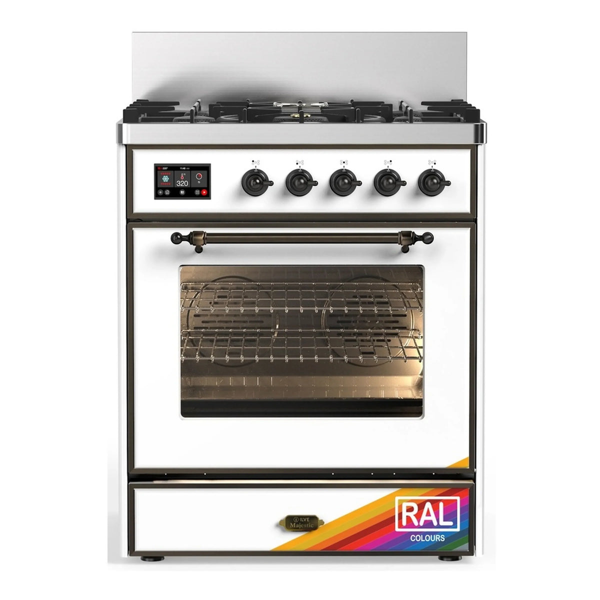 ILVE Majestic III 30-Inch Propane Dual Fuel Range, 5 Burners, Triple Glass Door Oven, RAL with Burnished Trim (UM30NR3RABLP)