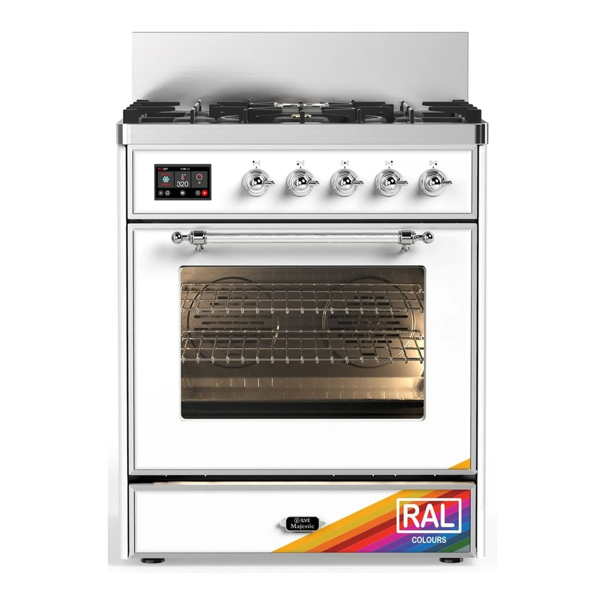 ILVE Majestic III 30-Inch Natural Gas Dual Fuel Range, 5 Burners, Triple Glass Door Oven, RAL with Chrome Trim (UM30NR3RAC)