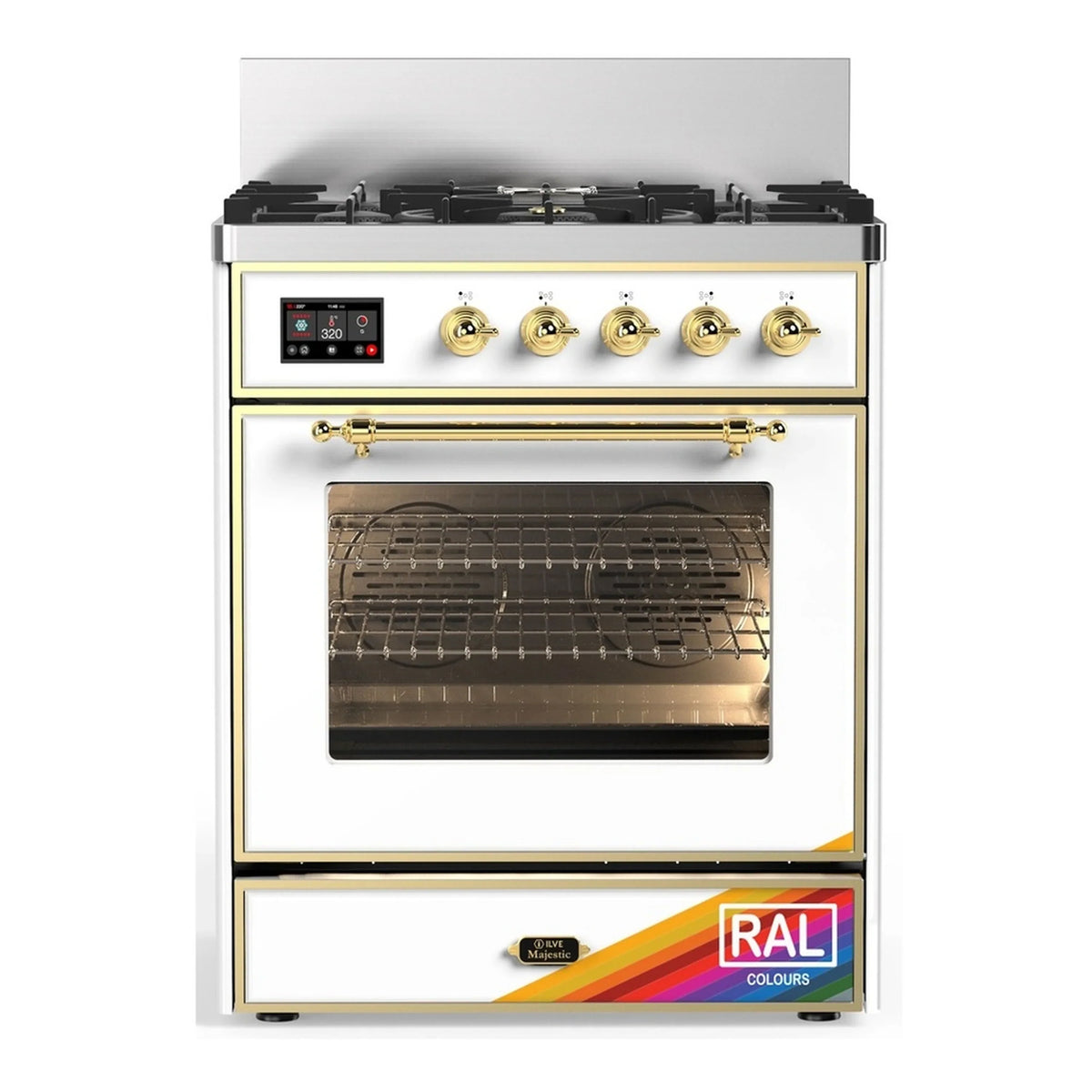 ILVE Majestic III 30-Inch Propane Dual Fuel Range, 5 Burners, Triple Glass Door Oven, RAL with Brass Trim (UM30NR3RAGLP)