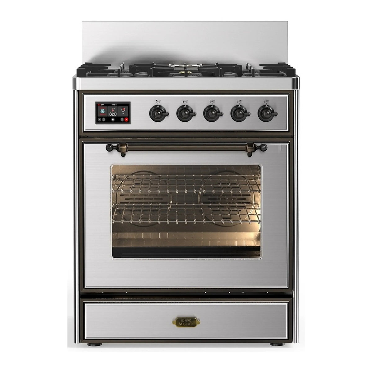 ILVE Majestic III 30-Inch Propane Dual Fuel Range, 5 Burners, Triple Glass Door Oven, Stainless Steel with Burnished Trim (UM30NR3SSBLP)