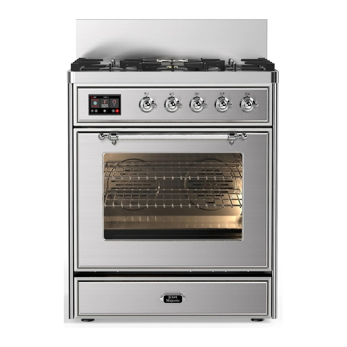 ILVE Majestic III 30-Inch Natural Gas Dual Fuel Range, 5 Burners, Triple Glass Door Oven, Stainless Steel with Chrome Trim (UM30NR3SSC)