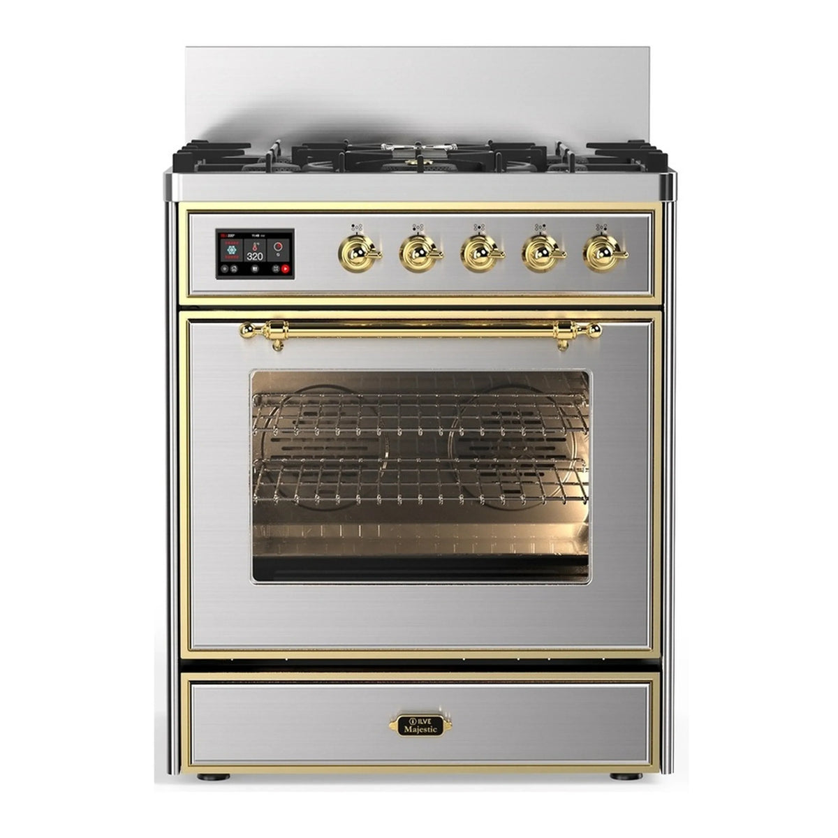 ILVE Majestic III 30-Inch Propane Dual Fuel Range, 5 Burners, Triple Glass Door Oven, Stainless Steel with Brass Trim (UM30NR3SSGLP)