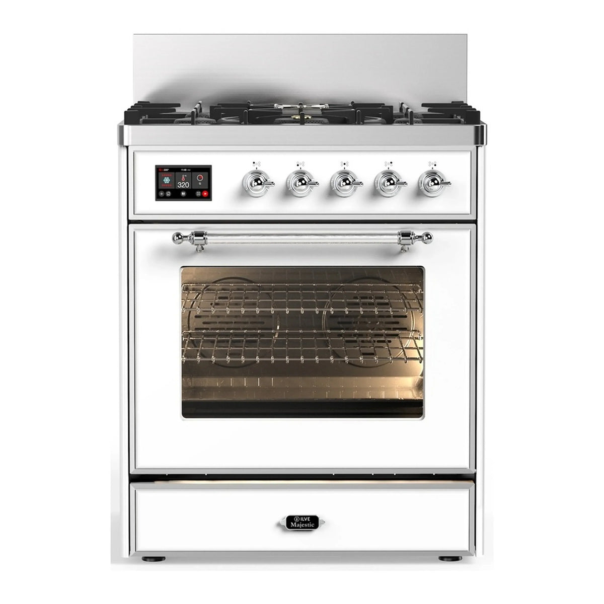 ILVE Majestic III 30-Inch Natural Gas Dual Fuel Range, 5 Burners, Triple Glass Door Oven, White with Chrome Trim (UM30NR3WHC)