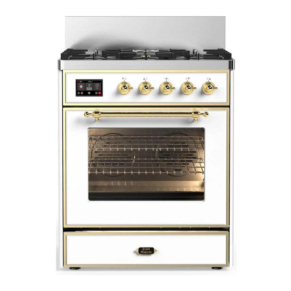 ILVE Majestic III 30-Inch Propane Dual Fuel Range, 5 Burners, Triple Glass Door Oven, White with Brass Trim (UM30NR3WHGLP)